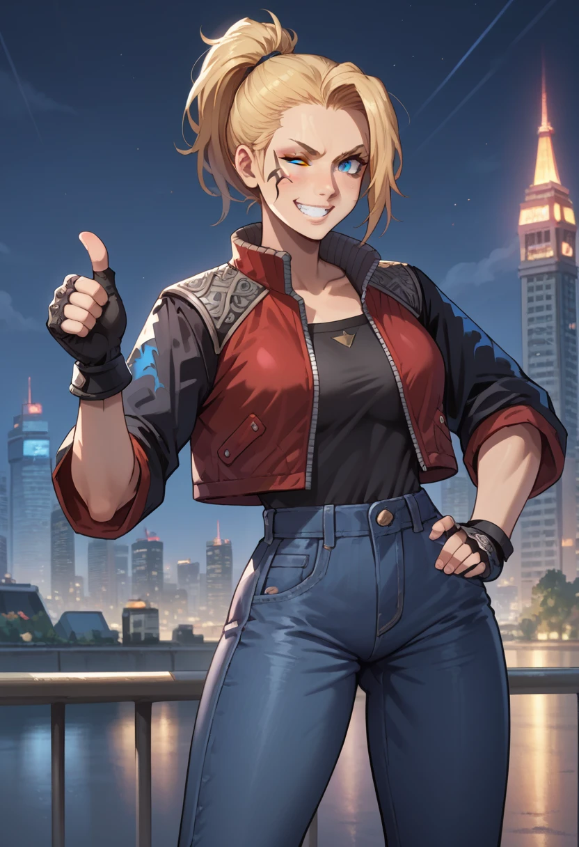 score_9, score_8_up, score_7_up, 1girl, solo, (female:1.5), female focus, female body, solo, zell, solo, blue eyes, gloves, jacket, blonde hair, long hair, medium ponytail, tattoo, gloves, facial tattoo, red jacket, black jacket, two-colours jacket, black shirt, fingerless gloves, denim, standing, grin, winking, single thumbs up, looking at you, city,