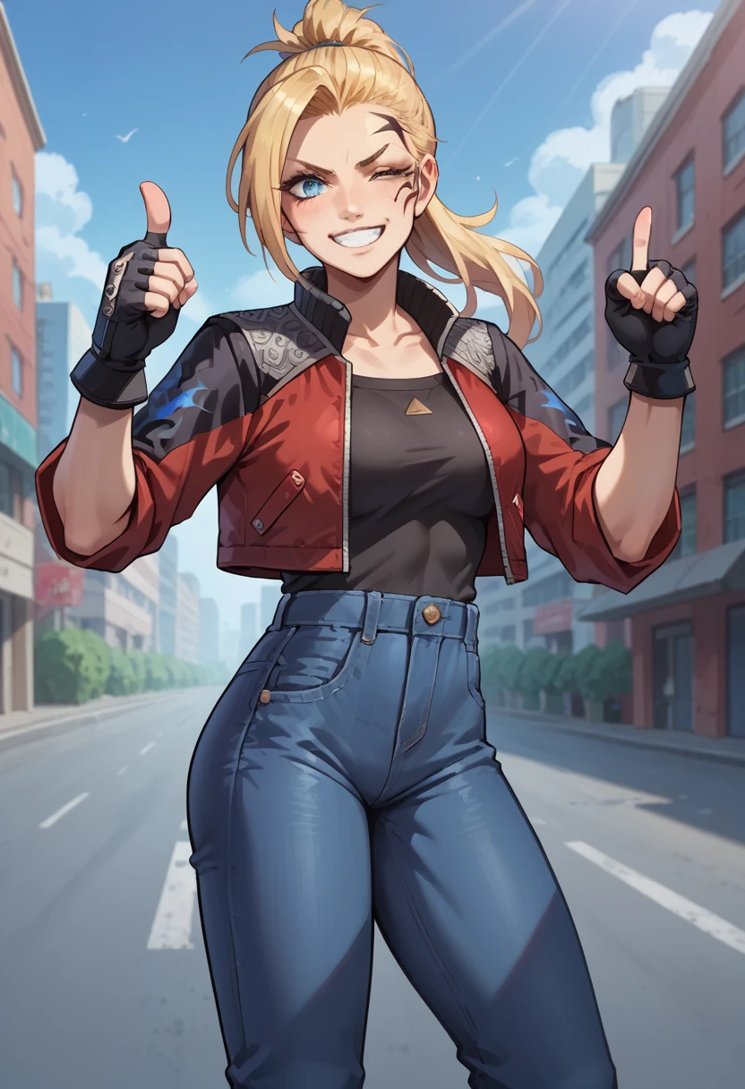 score_9, score_8_up, score_7_up, 1girl, solo, (female:1.5), female focus, female body, solo, zell, solo, blue eyes, gloves, jacket, blonde hair, long hair, medium ponytail, tattoo, gloves, facial tattoo, red jacket, black jacket, two-colours jacket, black shirt, fingerless gloves, denim, standing, grin, winking, single thumbs up, looking at you, city,