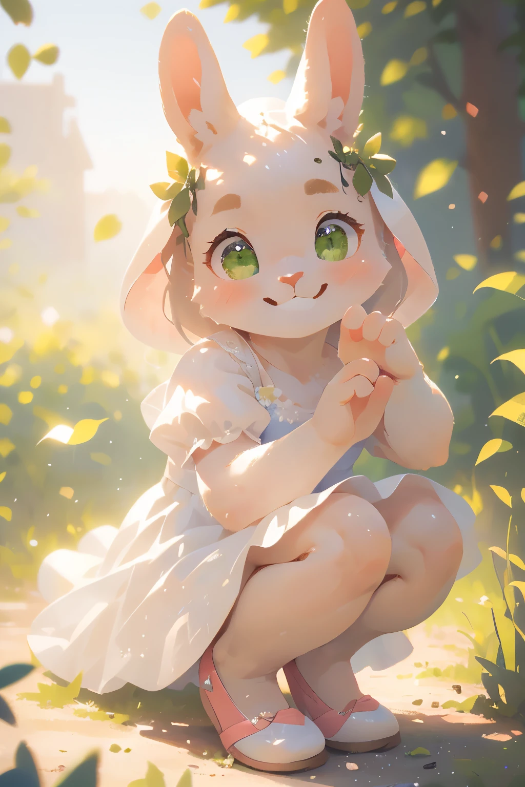 a cute little rabbit waving and smiling, white dress, emerald eyes, ballet shoes, ultra-detailed, (best quality,4k,8k,highres,masterpiece:1.2),ultra-detailed,(realistic,photorealistic,photo-realistic:1.37),adorable,soft lighting,highly detailed face,delicate features,whimsical,charming,pastoral