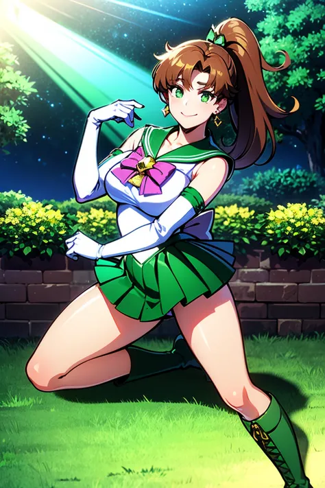 best quality, masterpiece, Sailor Jupiter, Purple bow,Green Elbow Gloves, Bangs, Brown Ponytail, Gold Crown, Jewelry, earrings, ...