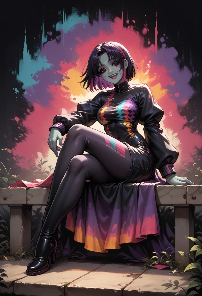 anime girl,Zombie,shiny,sexy,beautiful figure,Bright Outfit black and purple,Colorful tones,full height,sitting on a bench, Hair Red,Bright black eyes,curvy,high quality,masterpiece,full detailed,The picture is worked out to detail,drooling 0,smile,wallpaper,Colorful colors,The palette seems to be alive,maximum details,8K Detail