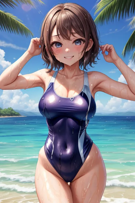 (masterpiece)), 8k wallpaper,solo, watanabe you, ass,wet, smile, detailed eyes, perfect eyes, wearing only a basic swimsuit and ...