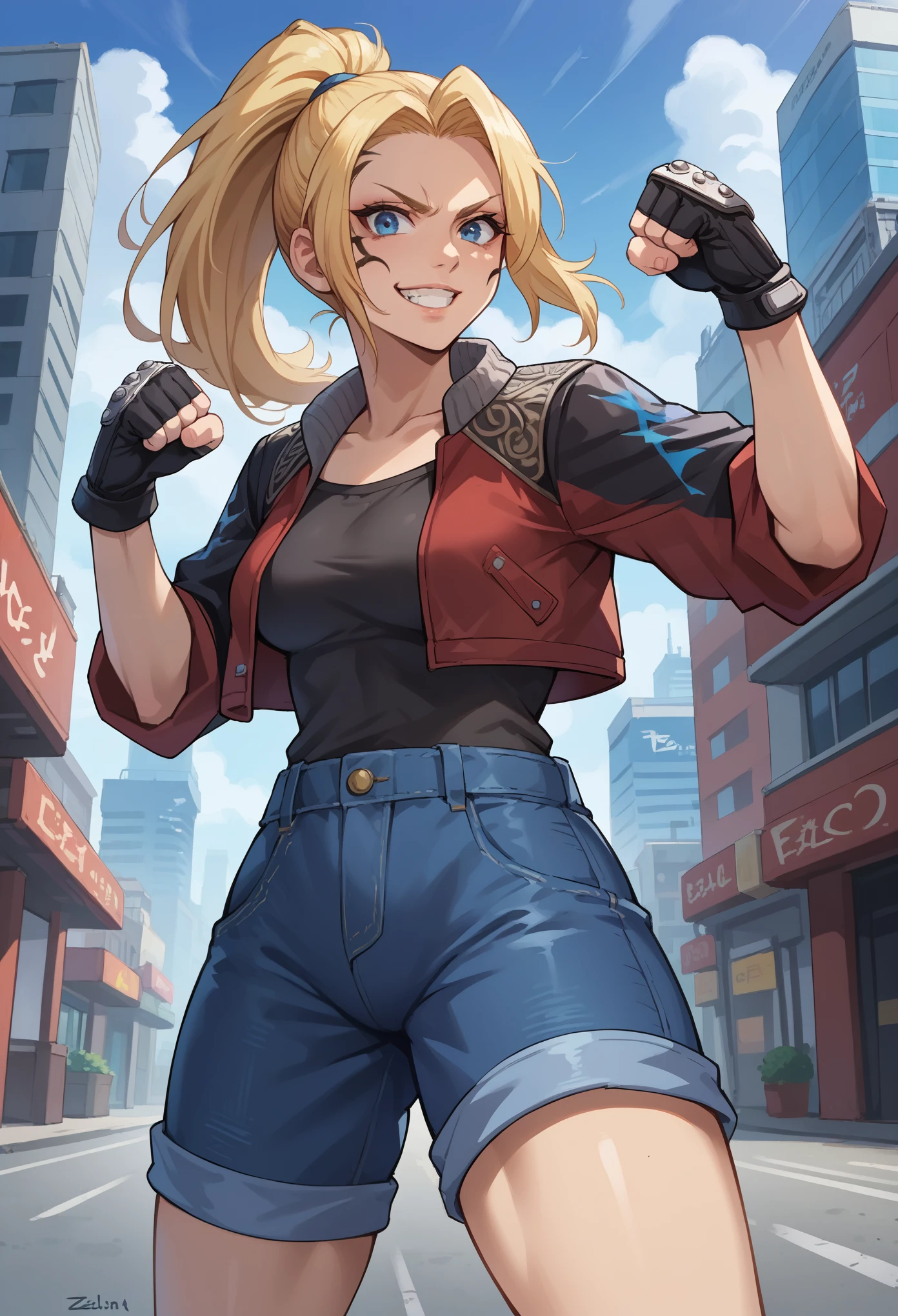 score_9, score_8_up, score_7_up, 1girl, solo, (female:1.5), female focus, female body, solo, zell, solo, blue eyes, gloves, jacket, blonde hair, long hair, medium ponytail, tattoo, gloves, facial tattoo, red jacket, black jacket, two-colours jacket, black shirt, fingerless gloves, shorts denim, standing, grin, fighting pose, looking at you, city,