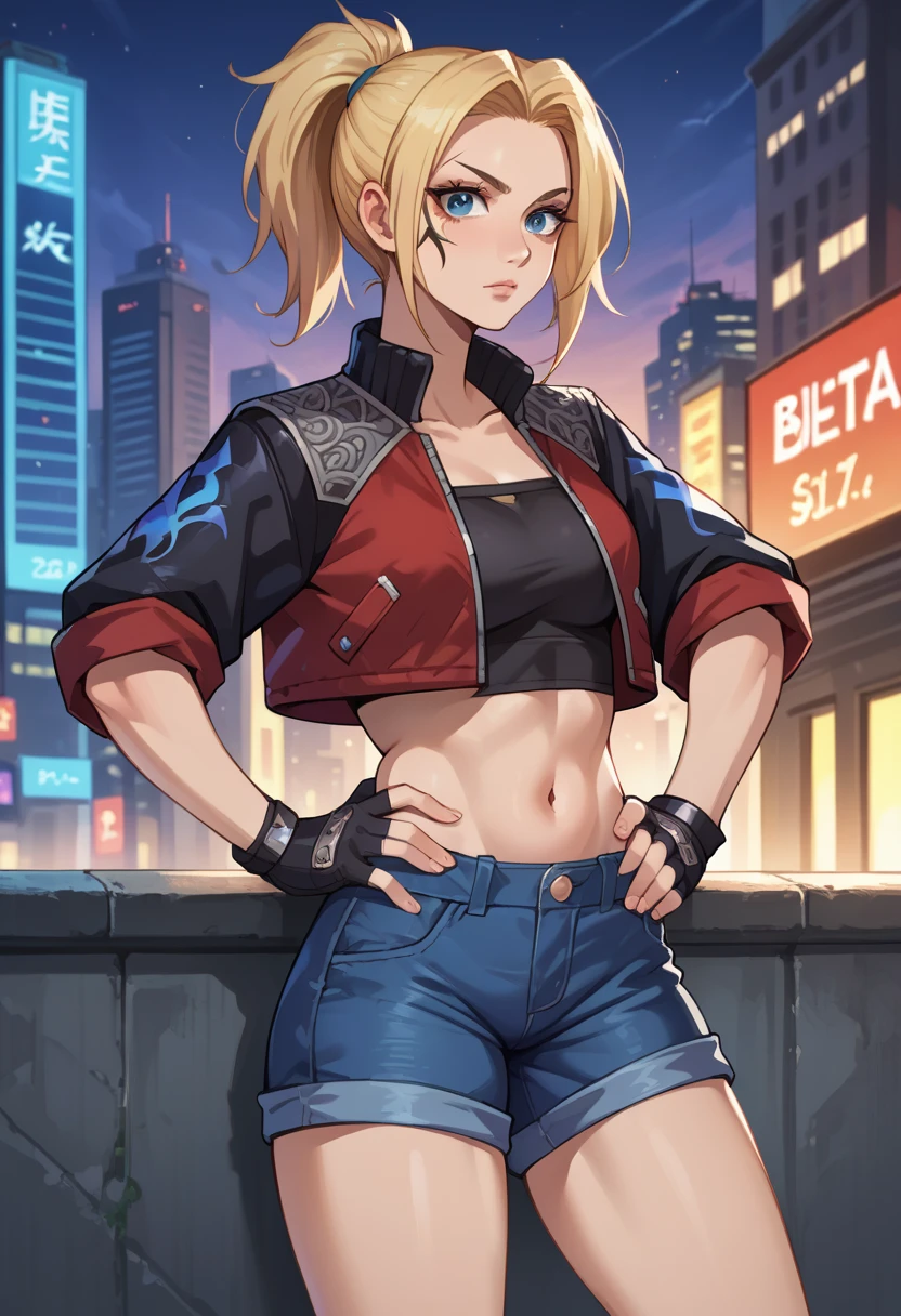 score_9, score_8_up, score_7_up, 1girl, solo, (female:1.5), female focus, female body, solo, zell, solo, blue eyes, gloves, jacket, blonde hair, long hair, medium ponytail, tattoo, gloves, facial tattoo, red jacket, black jacket, two-colours jacket, black shirt, fingerless gloves, shorts denim, midriff, holding her jacket, jacket take off, hand to hip, looking at you, city,