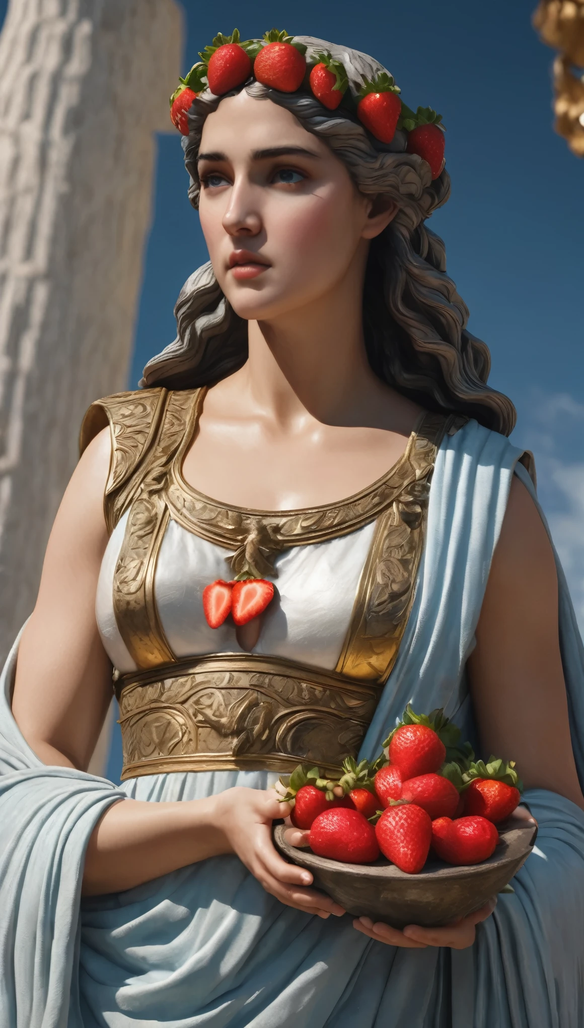 (8k, Highest quality, masterpiece)，Greek Mythology, Fertility Goddess, huge busts, Holding a strawberry in hand, Upper body close-up