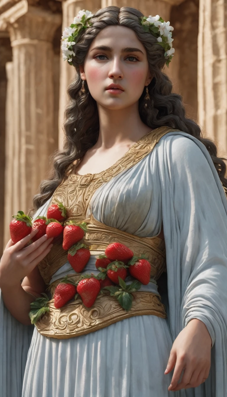 (8k, Highest quality, masterpiece)，Greek Mythology, Fertility Goddess, huge busts, Holding a strawberry in hand, Upper body close-up