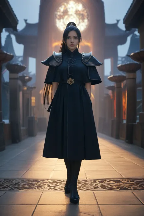 china,dark big oriental eyes,black long hair gathered in a chinese ponytail,leather cloak, with metal shoulder pads,scatters sta...