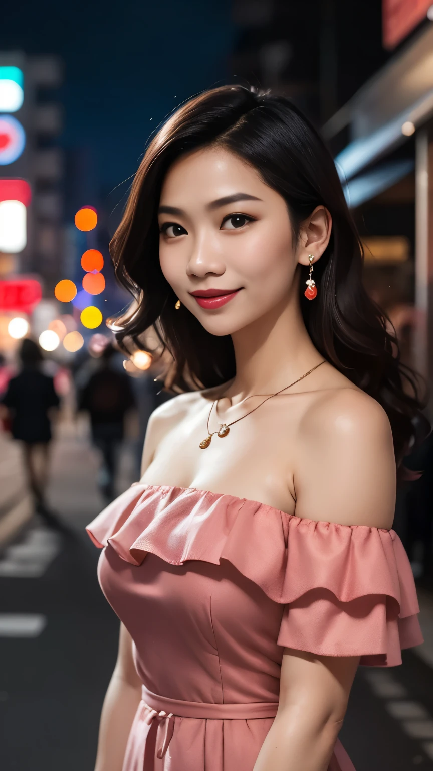 MALAY GIRL, masterpiece, High quality, UHD 32K, Realistic face, Realistic skin feeling , A Japanese Lady, Very cute face, CUTE GIRL, dress, off the shoulders, necklace, smile, city, night, neon lights