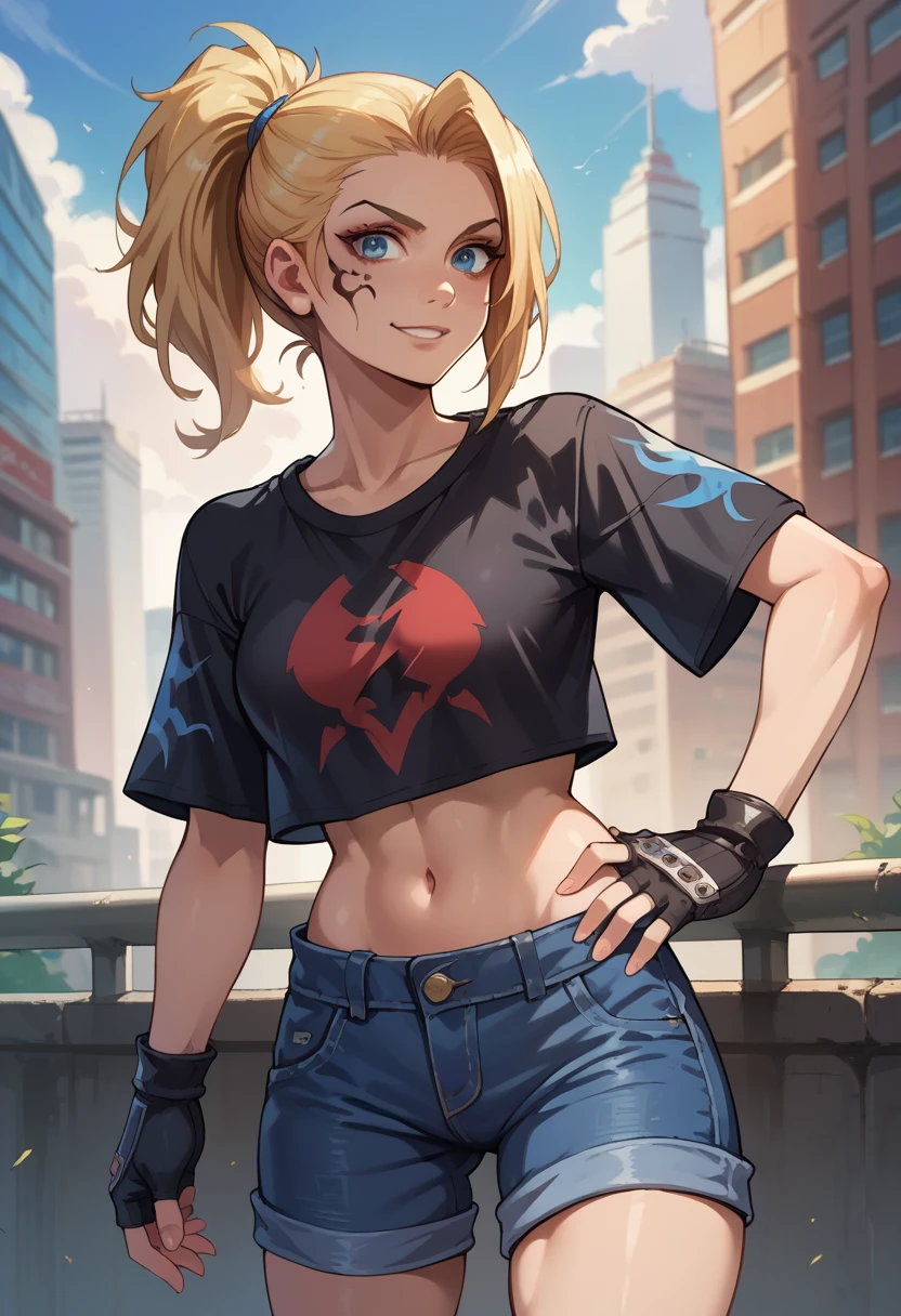 score_9, score_8_up, score_7_up, 1girl, solo, (female:1.5), female focus, female body, solo, zell, solo, blue eyes, gloves, blonde hair, long hair, medium ponytail, tattoo, gloves, facial tattoo, black shirt, fingerless gloves, shorts denim, hand to hip, smiling, looking at you, city,
