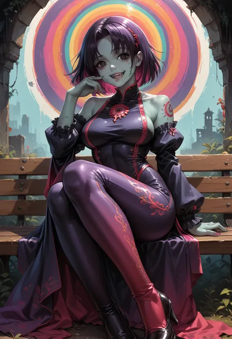 anime girl,zombie,shiny,sexy,beautiful figure,bright outfit black and purple,colorful tones,full height,sitting on a bench, hair...