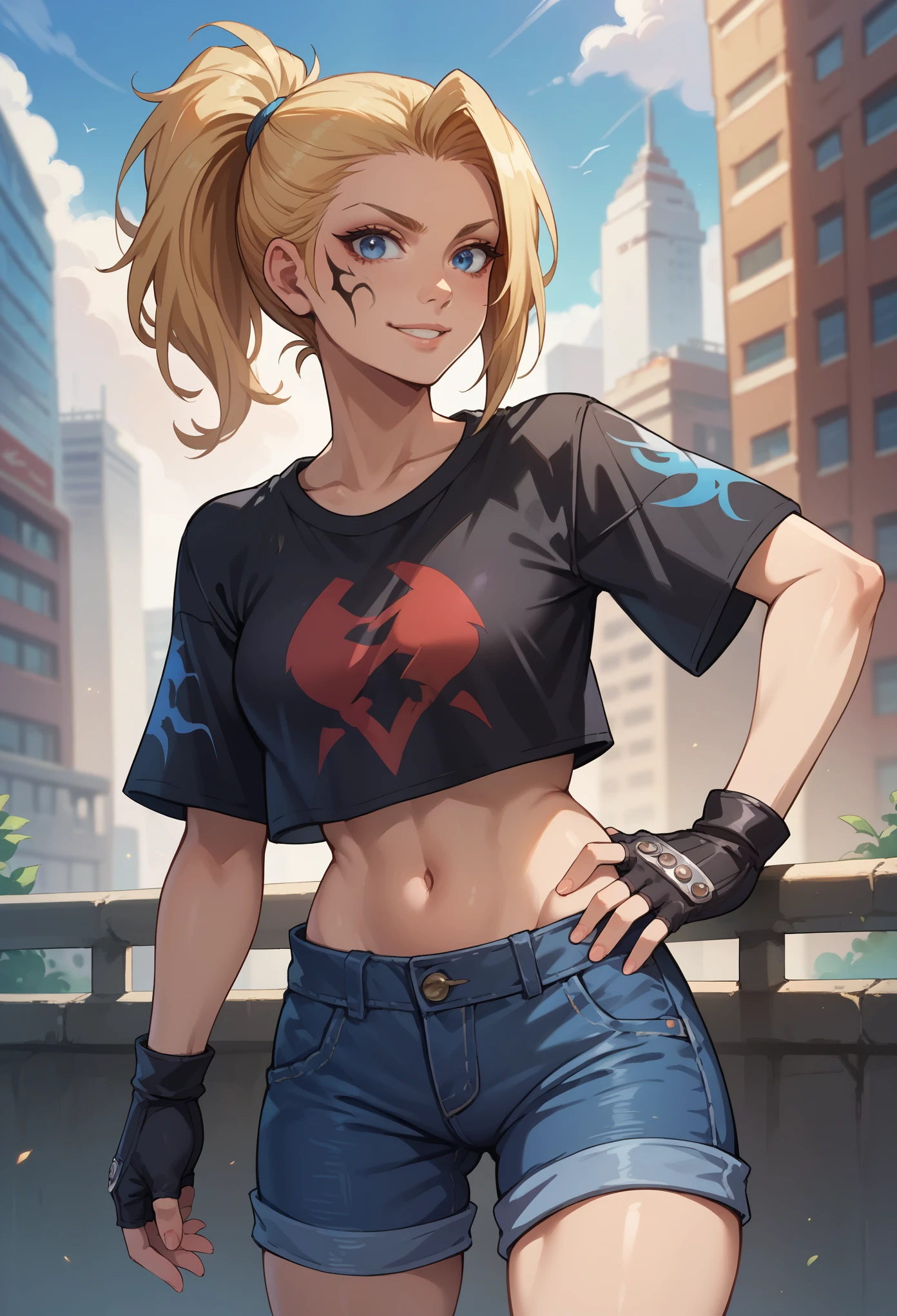 score_9, score_8_up, score_7_up, 1girl, solo, (female:1.5), female focus, female body, solo, zell, solo, blue eyes, gloves, blonde hair, long hair, medium ponytail, tattoo, gloves, facial tattoo, black shirt, fingerless gloves, shorts denim, hand to hip, smiling, looking at you, city,
