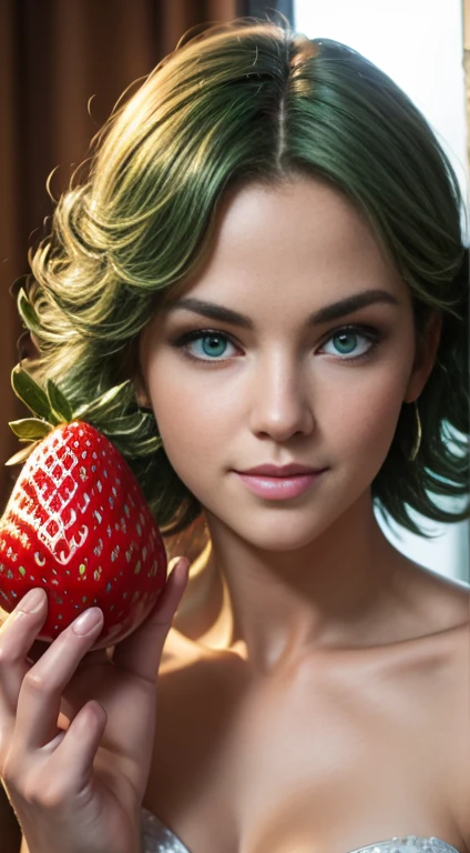 Masterpiece, Best Quality, Super Detailed, High Definition, Expensive Resolution, HDR, Super Detailed CG, Beautiful Details, Depth, Fine Texture, Super Fine, Complete concentration, (Tatsumaki), sexy, pale skin, green eyes, green hair, smirk, (holding a giant strawberry), vibrant colors, detailed eyes, highly detailed, fine detail, intricate details, volumetric lighting, 
