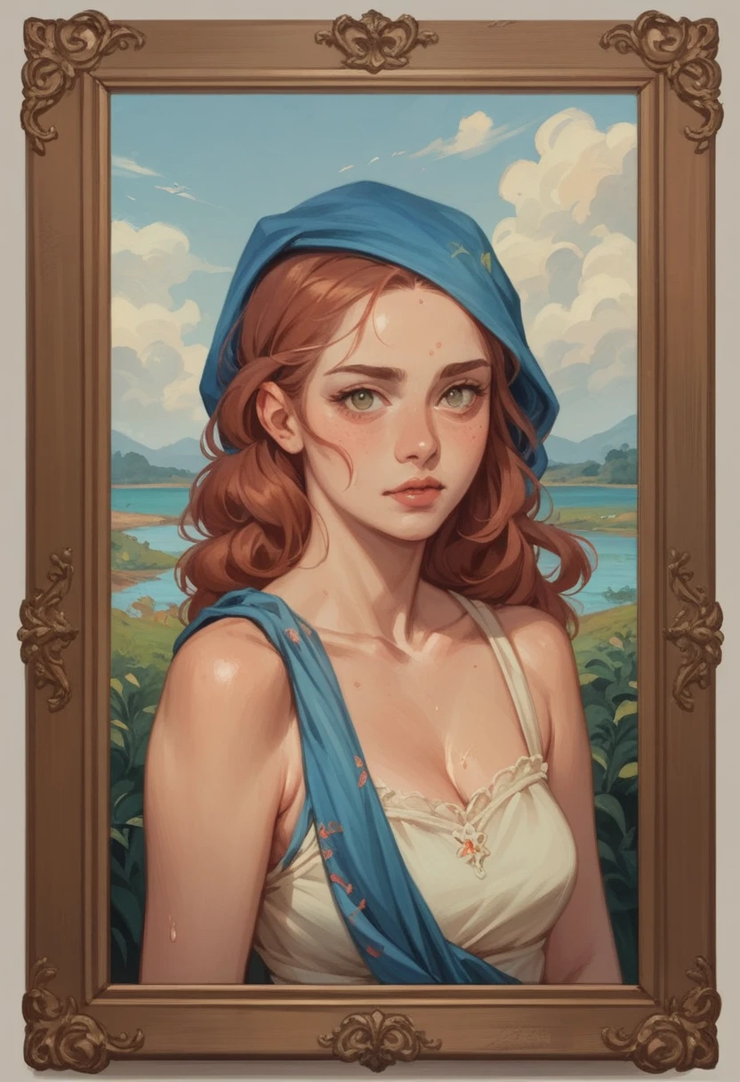 work of art, oil painting of Guinwen as a peasant girl, 8k, 1 girl, realistic oil painting, Face pretty, Guinwen&#39;s face, beautifully detailed eyes, very detailled, hair blonde, hair blonde, grey-eyed, Visible waist, breasts big, Breasts huge, hairline, dancing in spring, fully dressed, Mediovale, portraite, Dungeon in the background, cages, whole body, ((oil painting)), full neckline