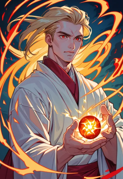 pale man , handsome , red eyes , blonde hair , white skin , fast , beautiful , spell , power , energy