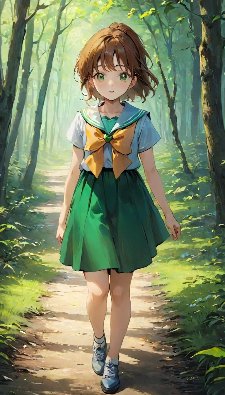 Upper body from knees up、A girl、16 years old、((非常に繊細な描写のFace))、((Very detailed_Face_pupil))、look back、Background blur、Blurred background、Dark Forest、Deep Forest、Walk、best quality、Ultra-high resolution、Very detailed、８ｋ、SailorJupiter，Hold your phone