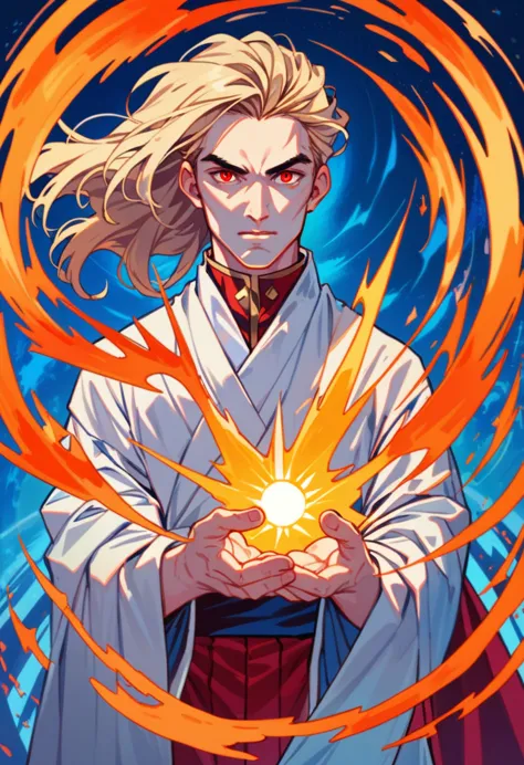 pale , handsome , red eyes , blonde hair , white skin , fast , beautiful , spell , power , energy