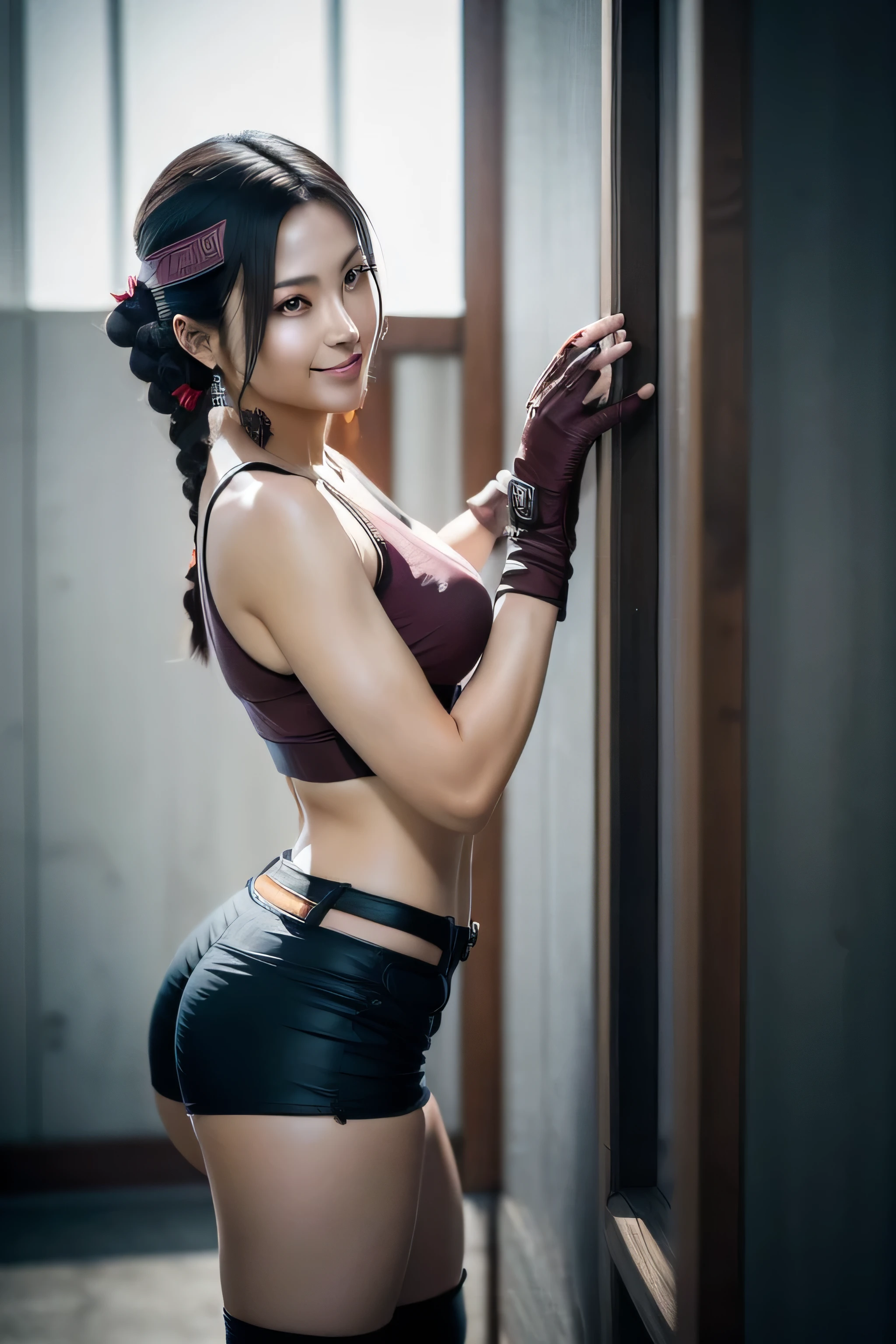 1 girl, standing, beautiful Julia Chang, slightly tanned skin,side view,18 years old, Cups, Black thighs, arm warmers, shorts, short hair, big chest, small hips, big ass, medium breasts,capture anime screen,Julia is 18 years old, mature appearance,,outfit, black arm warmers,maroon arm bands,black arm warmers,brown bikini,side view,viewed from side,smiling,slightly tilted forwards,slightly leaned forwards,smile