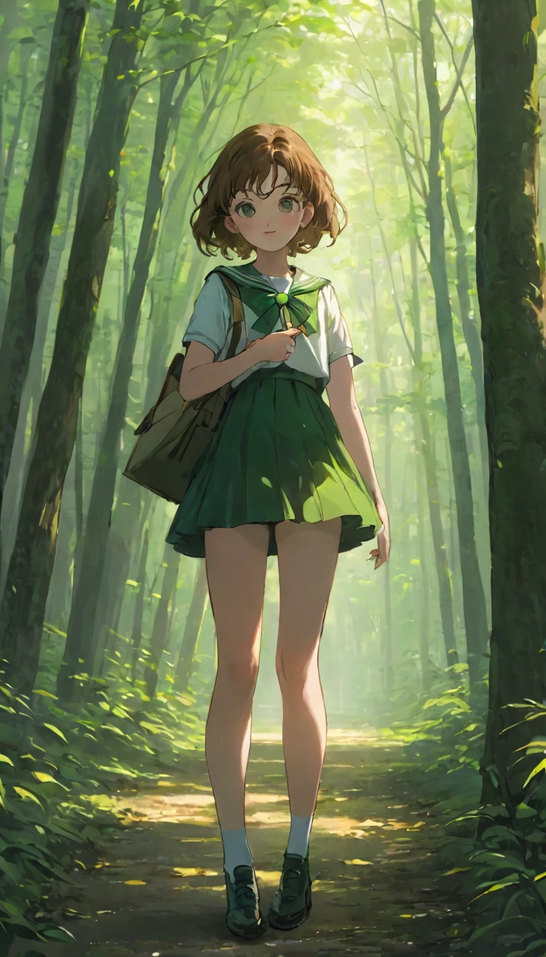 Upper body from knees up、A girl、16 years old、((非常に繊細な描写のFace))、((Very detailed_Face_pupil))、look back、Background blur、Blurred background、Dark Forest、Deep Forest、Walk、best quality、Ultra-high resolution、Very detailed、８ｋ、SailorJupiter，Hold your phone