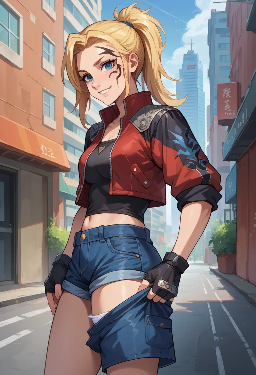 score_9, score_8_up, score_7_up, 1girl, solo, (female:1.5), female focus, female body, solo, zell, solo, blue eyes, gloves, jacket, blonde hair, long hair, medium ponytail, tattoo, gloves, facial tattoo, red jacket, black jacket, two-colours jacket, black shirt, fingerless gloves, shorts denim, standing, smiling, hands on shorts, pulling down shorts, white panties, looking at you, city,