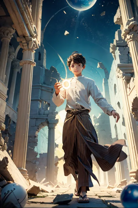 young sorcerer with ball of light in hand floating and shining,  in the ruins