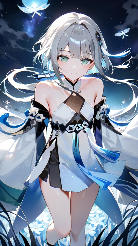 score_9, score_8_up, score_7_up, score_6_up,1girl, guizhong_\(genshin_impact\),(grey hair),short_hair_with_long_locks in front and low ponytail in back,gradient_hair,(pale grey eyes with seafoam gradient),starry_sky_print,detached_sleeves white outside blue starry inside, hands completely hidden by long sleeves,stunning field of softly glowing cerulean and white glaze lilies,night scene,gentle smile,face focus, eye focus,ladyshadow,moonlight,glossy lips,vivid anime coloring,cel shading,smooth, soft dreamy focus,anklet,halter_top,white clothes,highly detailed,digital painting,bare_shoulders,barefoot,cool night tones, magical night scene,geo crystalflies,professional,anemo colored fireflies,nebula of stardust and silvery vapor,harmonious blend of nature and art,transcendent beauty,awe-inspiring artwork,(best quality,4k,8k,highres,masterpiece:1.2),yunamaro,carnelian,dsmile,cosmic stardust,guizhong, guizhong's def clothes, 1girl, long hair, blue eyes, barefoot, guizhong's dress, hair ornament, chinese clothes, sleeves past fingers,