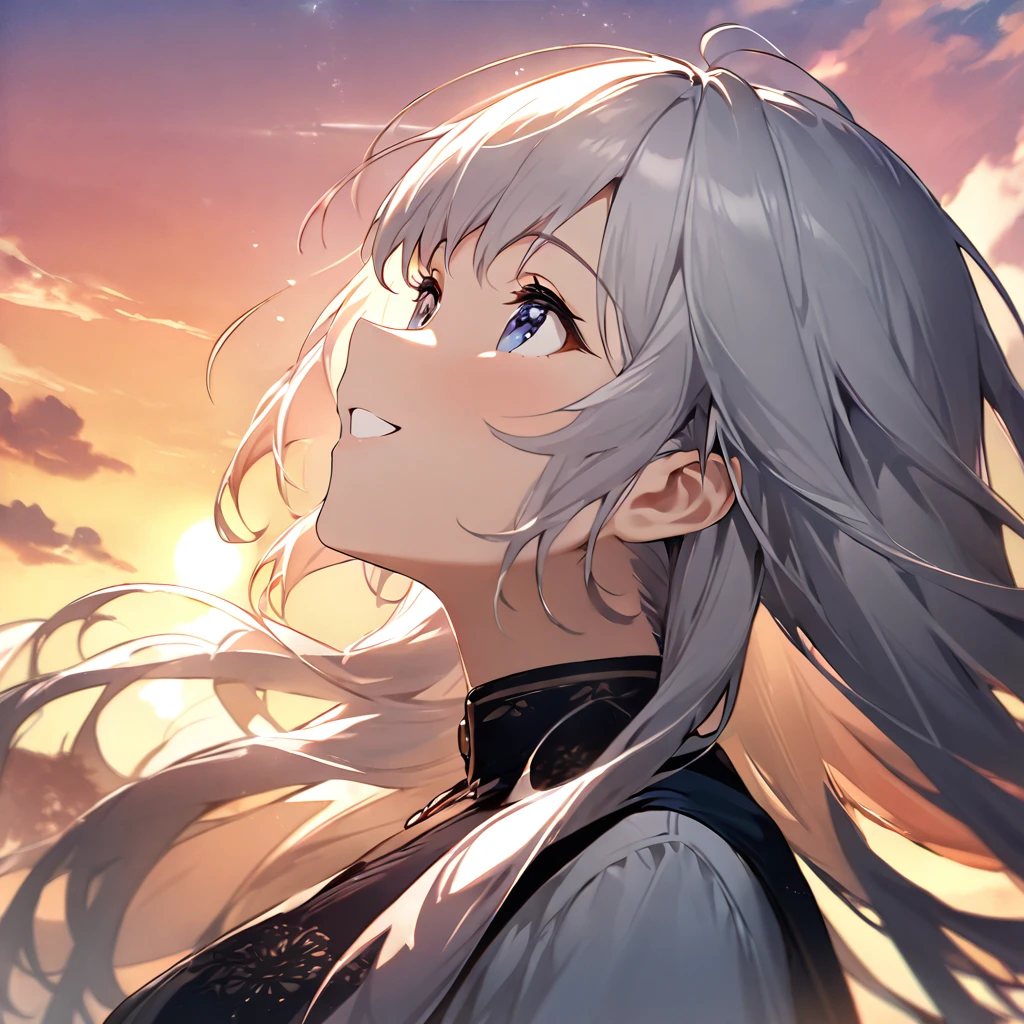 Highest quality, masterpiece, The girl who grants wishes,Silver long hair,Dark blue eyes,Double exposure, The best smile, Look up at the sky, Sunset