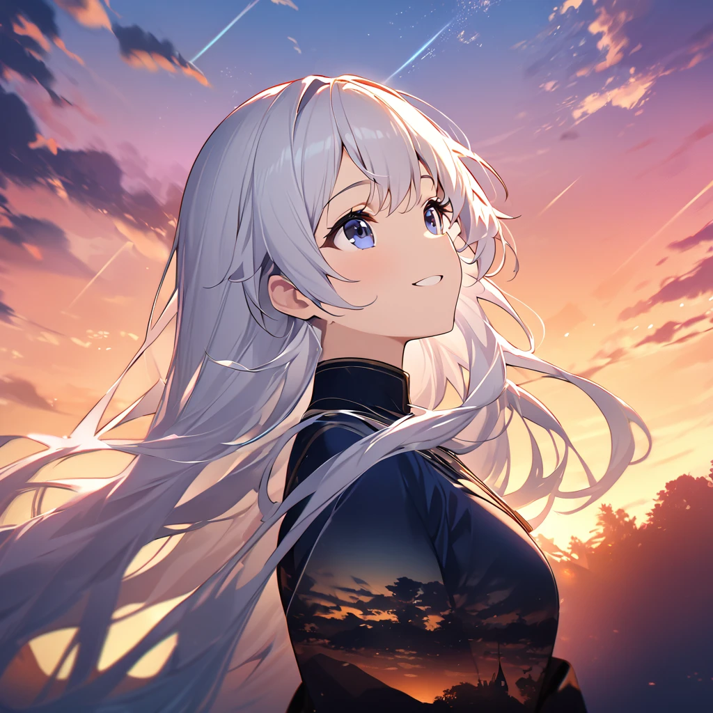 Highest quality, masterpiece, The girl who grants wishes,Silver long hair,Dark blue eyes,Double exposure, The best smile, Look up at the sky, Sunset