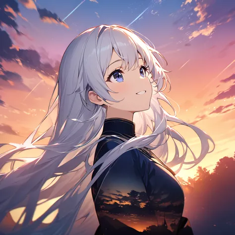 highest quality, masterpiece, the girl who grants wishes,silver long hair,dark blue eyes,double exposure, the best smile, look u...