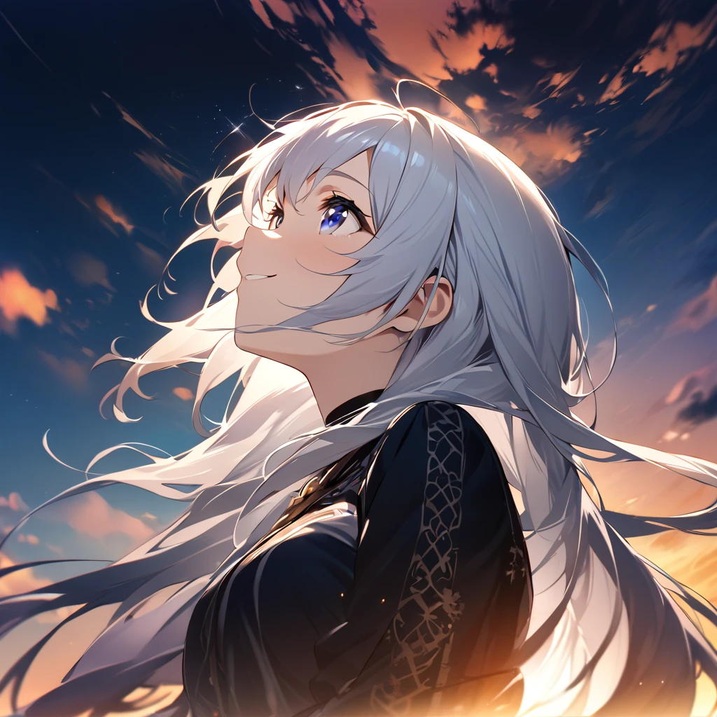 Highest quality, masterpiece, The girl who grants wishes,Silver long hair,Dark blue eyes,Double exposure, The best smile, Look up at the sky, Sunset