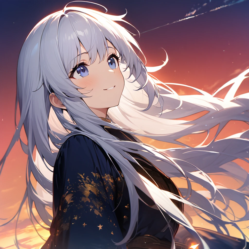 Highest quality, masterpiece, The girl who grants wishes,Silver long hair,Dark blue eyes,Double exposure, The best smile, Look up at the sky, Sunset