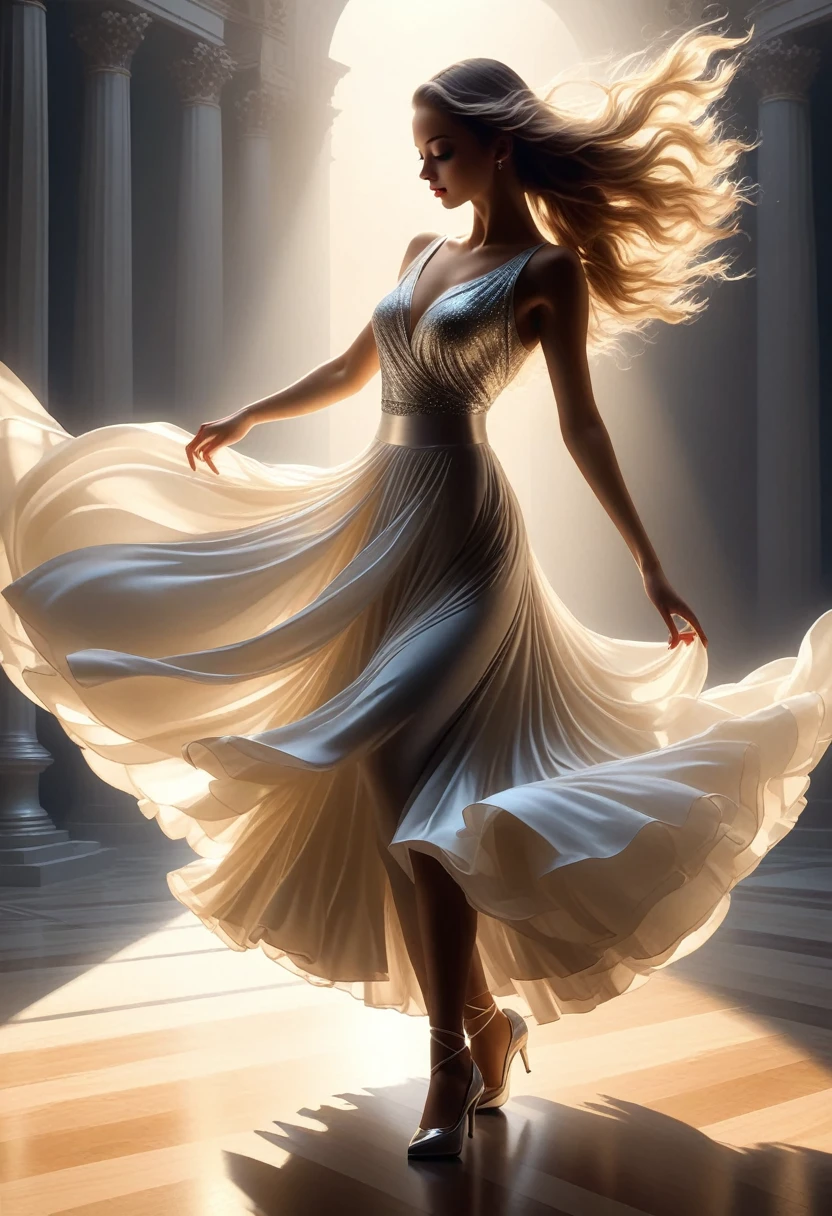 (best quality,4K,8k,High resolution,masterpiece:1.2),Super detailed,(actual,photoactual,photo-actual:1.37),a beautiful dancing girl，There are long shadows on the ground,Clear and beautiful dancer