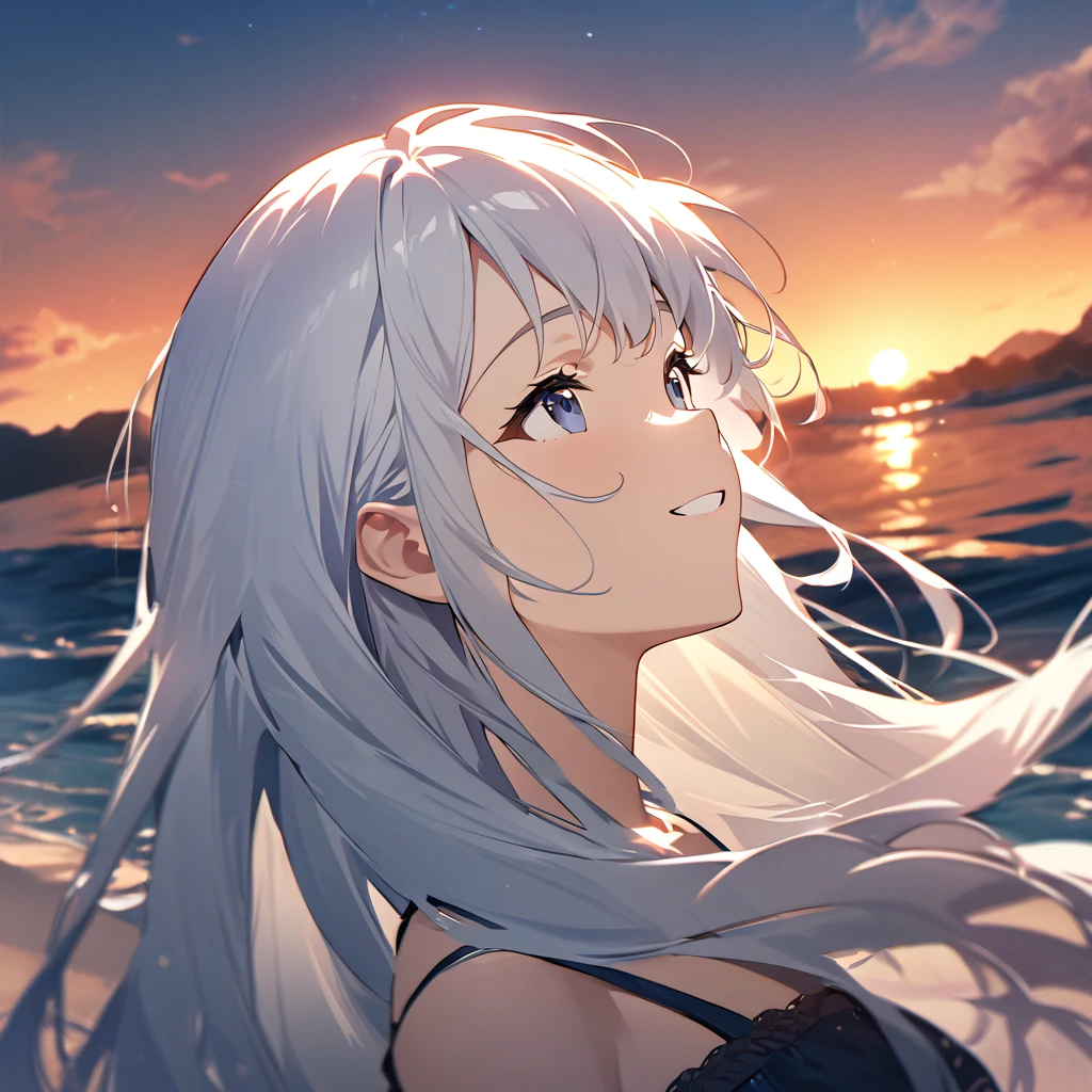 Highest quality, masterpiece, The girl who grants wishes,Silver long hair,Dark blue eyes,Double exposure, The best smile, Look up at the sky, summer, Sunset