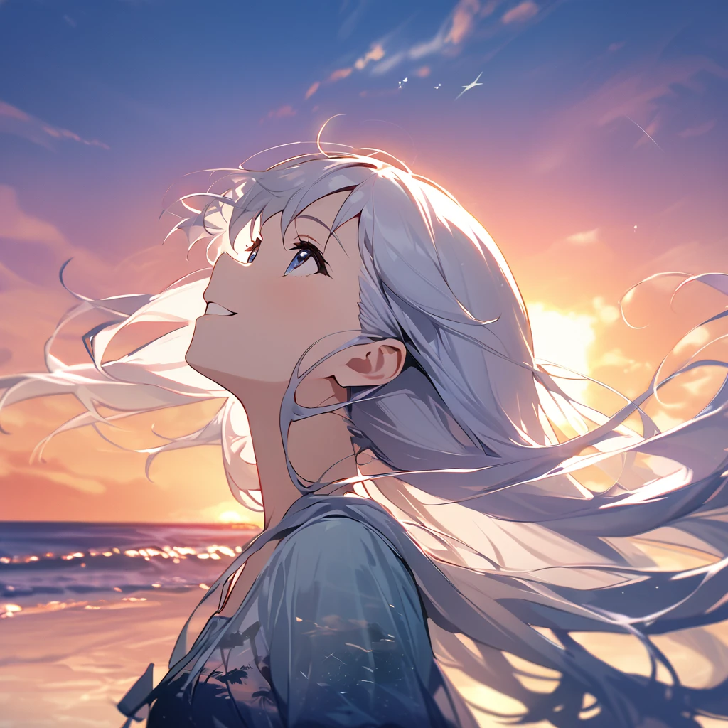 Highest quality, masterpiece, The girl who grants wishes,Silver long hair,Dark blue eyes,Double exposure, The best smile, Look up at the sky, summer, Sunset