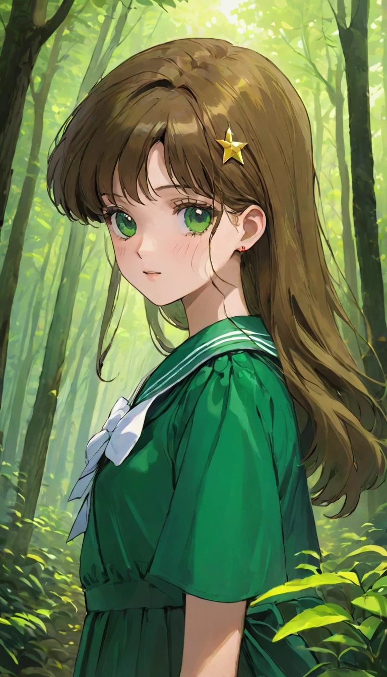 A girl、16 years old、((非常に繊細な描写のFace))、((Very detailed_Face_pupil))、look back、Background blur、Blurred background、Dark Forest、Deep Forest、Walk、best quality、Ultra-high resolution、Very detailed、８ｋ、SailorJupiter，Hold your phone