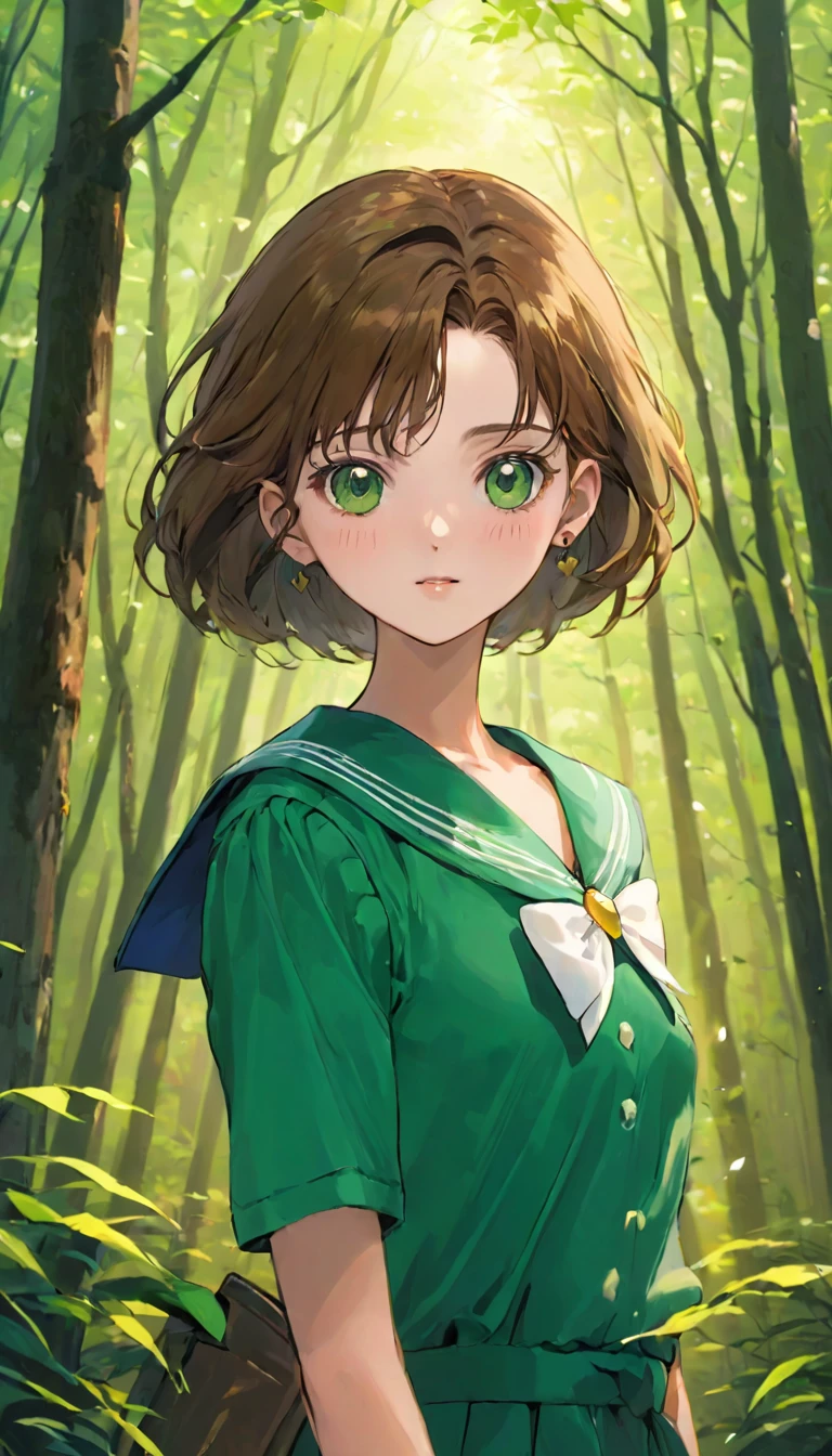 A girl、16 years old、((非常に繊細な描写のFace))、((Very detailed_Face_pupil))、look back、Background blur、Blurred background、Dark Forest、Deep Forest、Walk、best quality、Ultra-high resolution、Very detailed、８ｋ、SailorJupiter，Hold your phone