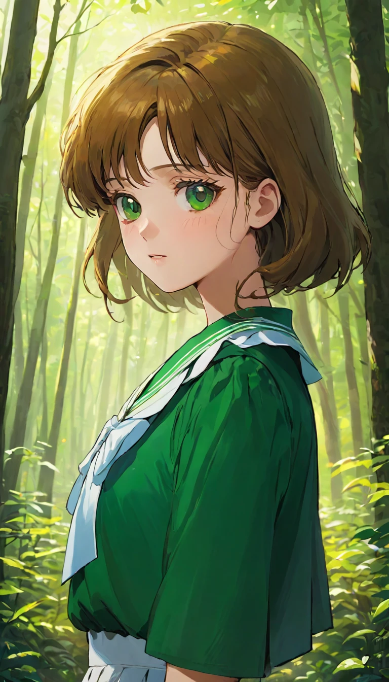 A girl、16 years old、((非常に繊細な描写のFace))、((Very detailed_Face_pupil))、look back、Background blur、Blurred background、Dark Forest、Deep Forest、Walk、best quality、Ultra-high resolution、Very detailed、８ｋ、SailorJupiter，Hold your phone