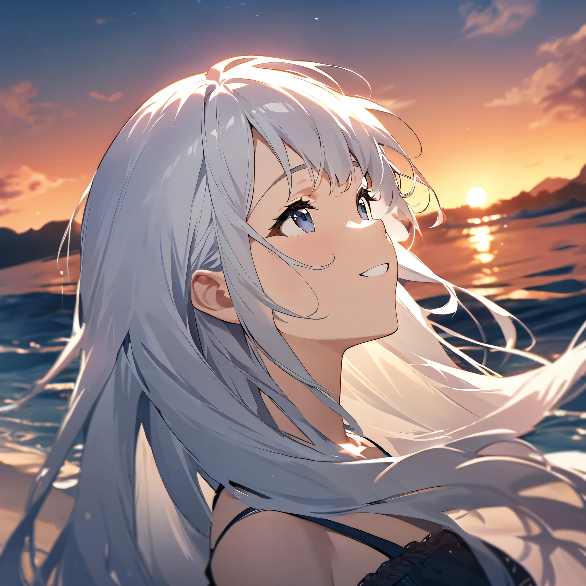 Highest quality, masterpiece, The girl who grants wishes,Silver long hair,Dark blue eyes,Double exposure, The best smile, Look up at the sky, summer, Sunset