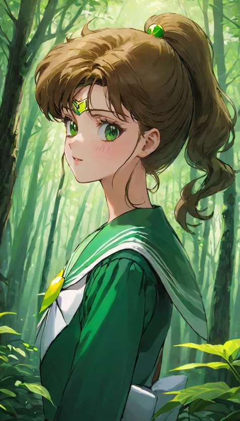 sailor jupiter、((非常に繊細な描写のface))、((very detailed_face_pupil))、look back、background blur、blurred background、dark forest、deep fore...