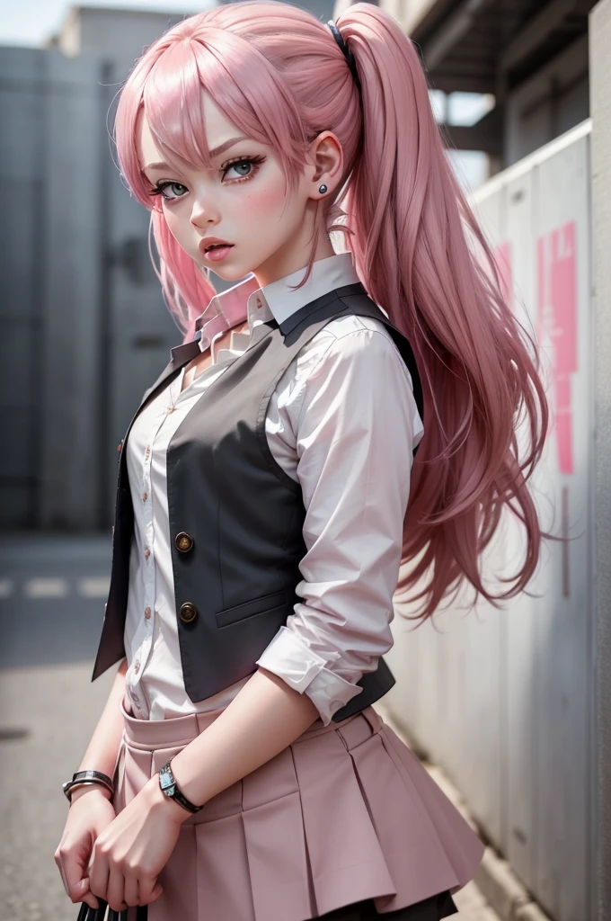 female anime girl with pink hair and collar is displaying a face expression with her mouth parted, 1girl, solo, long hair, jewelry, earrings, shirt, looking at viewer, white shirt, upper body, pink hair, simple background, halo, collared shirt, lips, white background, vest, black vest, bangs