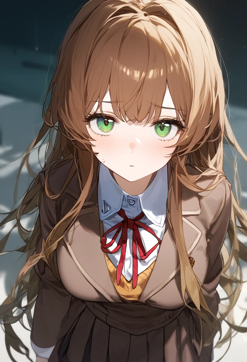 Monika, ddlc, ominous gaze, staring at the viewer, green eyes, school uniform, brown blazer