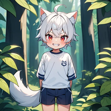 （masterpiece：1.2，high quality），4k，high resolution，a seven-year-old boy，cute boy，white hair，short hair，crossed bangs，red eyes，sli...