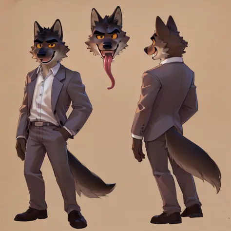 mr. wolf (the bad guys), looking at viewer, open mouth, sticking out long tongue, yelloe eyes, brown fur, wide-eyed, wolf ears, ...