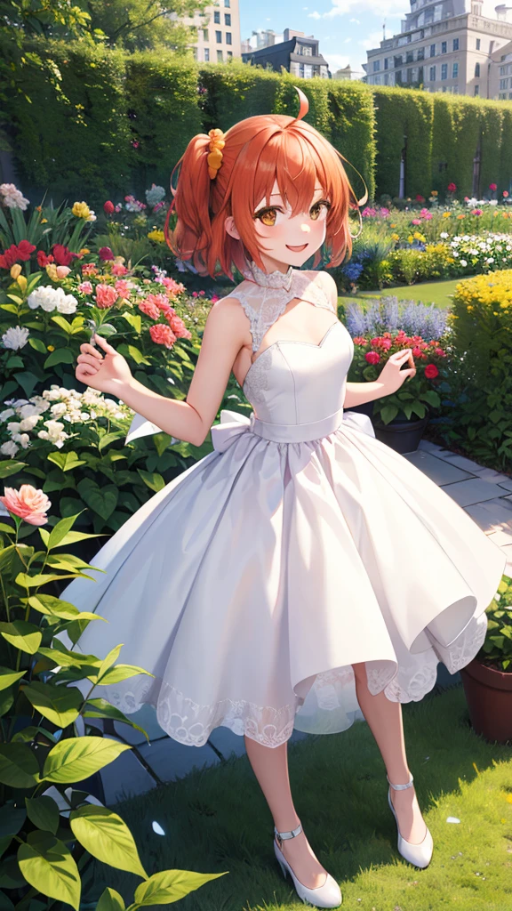 masterpiece, best quality, highres, aaritsuka, short hair, ahoge, hair scrunchie, orange scrunchie, smile, city, garden, wedding dress