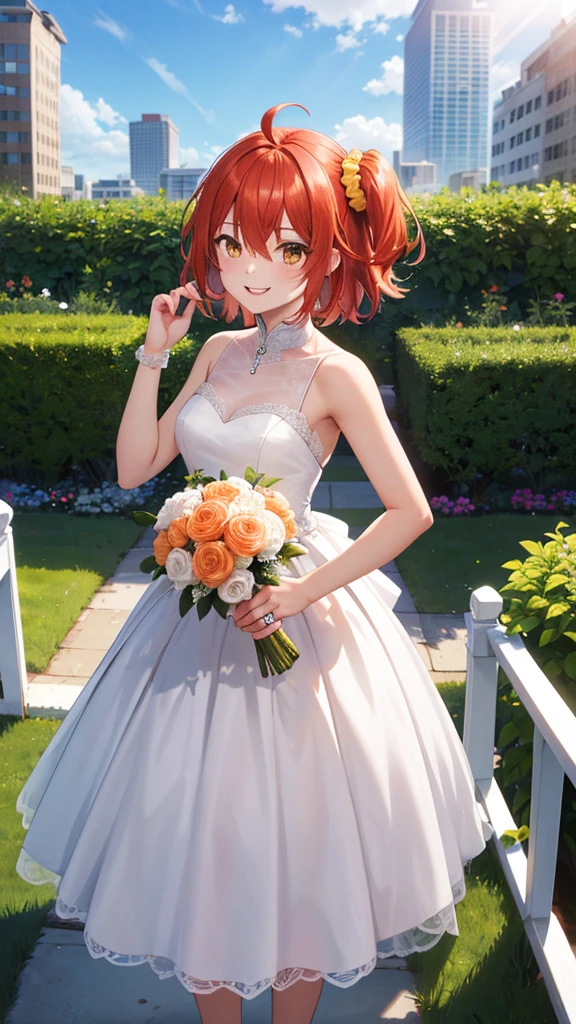 masterpiece, best quality, highres, aaritsuka, short hair, ahoge, hair scrunchie, orange scrunchie, smile, city, garden, wedding dress