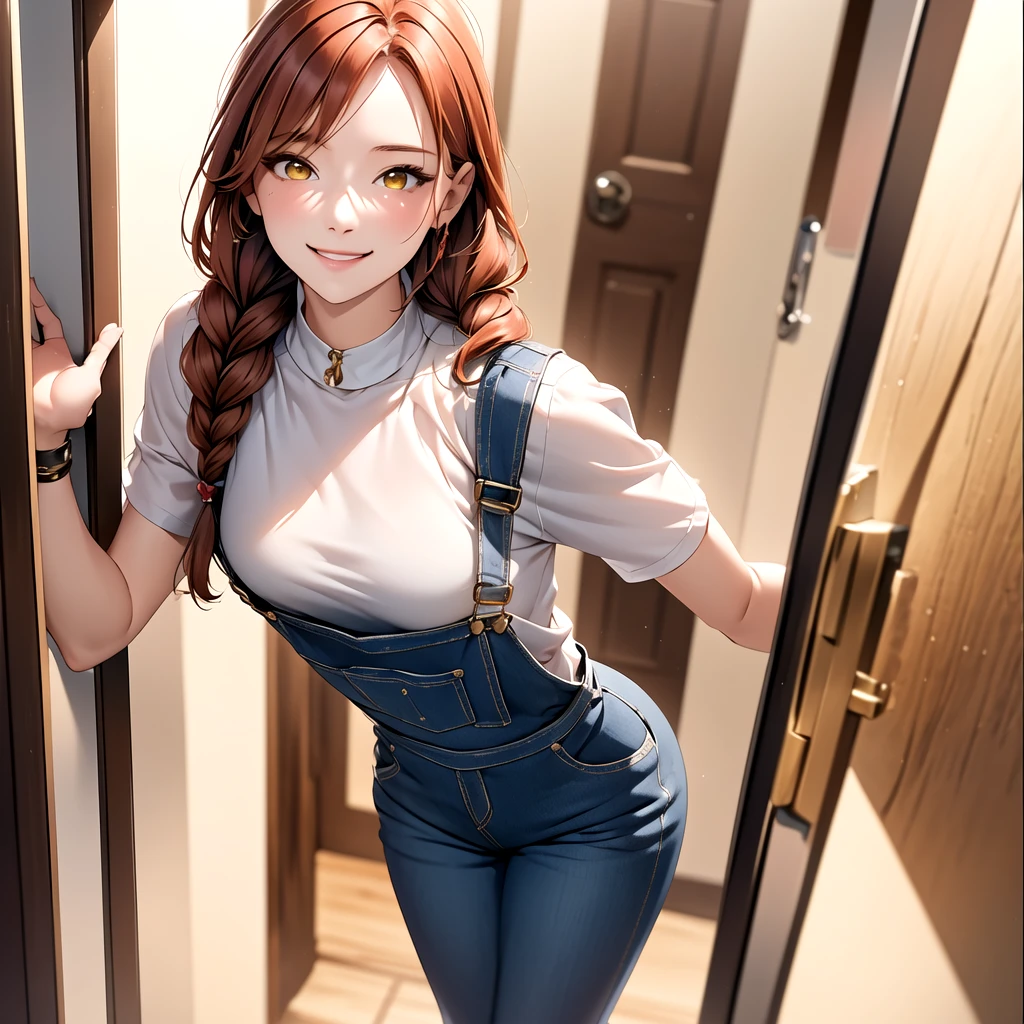  
(((One woman))), (natural redhead), honey yellow eyes, by the wide, small braids, bright smile, detailed eyes, chest a little big, detailed body, beautiful body, detailed clothing, black overalls skirt with white blouse, head on, hands back leaning forward, flirtatious look, standing in the entrance of a house with the door open.