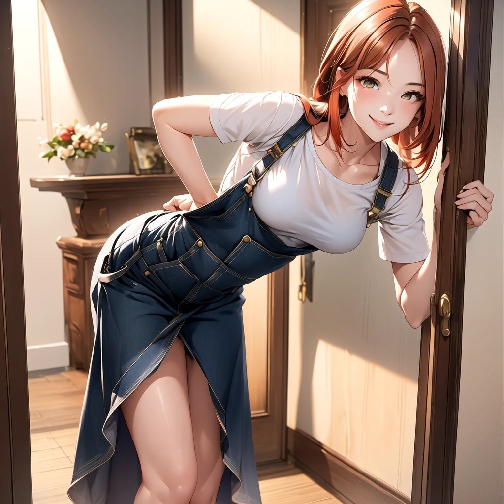  
(((One woman))), (natural redhead), honey yellow eyes, by the wide, small braids, bright smile, detailed eyes, chest a little big, detailed body, beautiful body, detailed clothing, black overalls skirt with white blouse, head on, hands back leaning forward, flirtatious look, standing in the entrance of a house with the door open.