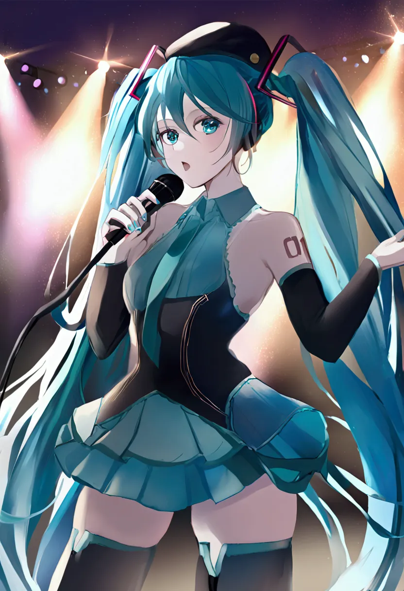 sexy and sensual hatsune miku, revealing cleavage, glowing skin, beautiful supple breasts, black or blue hair, mik, dynamic ligh...