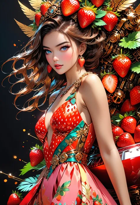 a portrait of  an exotic, elegant beautiful mecha woman eating an epic, (legendary strawberry: 1.3) in cocktail party , ((full b...