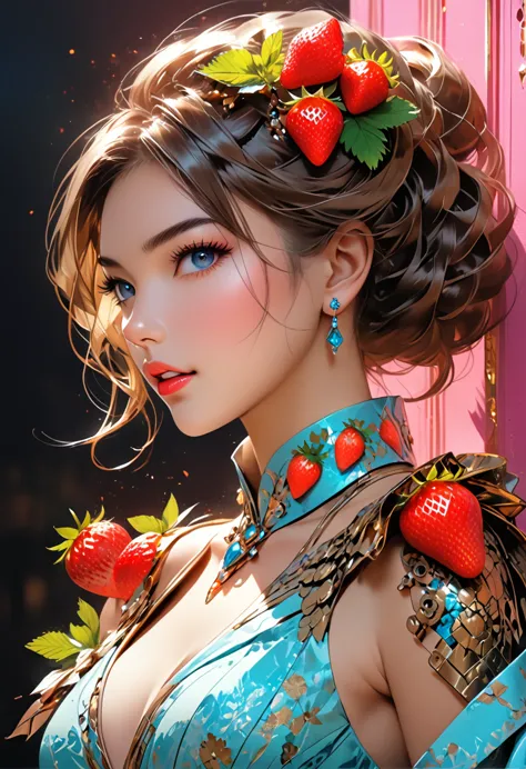 a portrait of  an exotic, elegant beautiful mecha woman eating an epic, (legendary strawberry: 1.3) in cocktail party , ((full b...