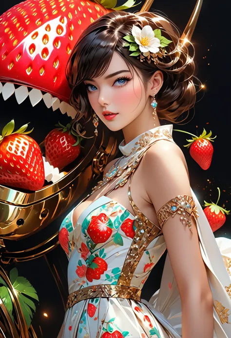 a portrait of  an exotic, elegant beautiful mecha woman eating an epic, (legendary strawberry: 1.3) in cocktail party , ((full b...